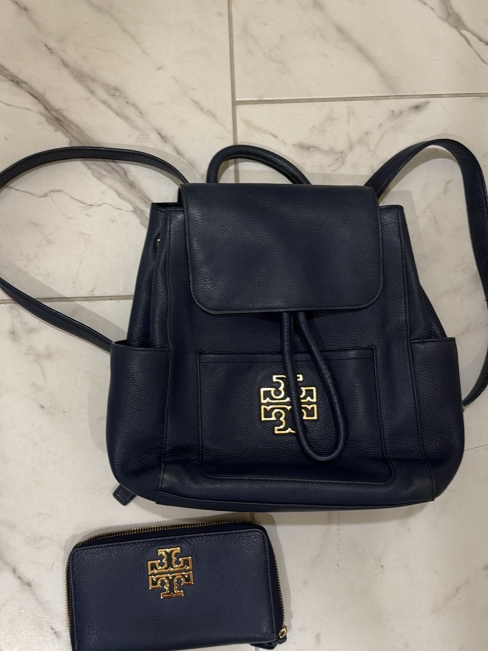 Tory Burch Navy Leather Drawstring Backpack with Gold Logo and wallet SET